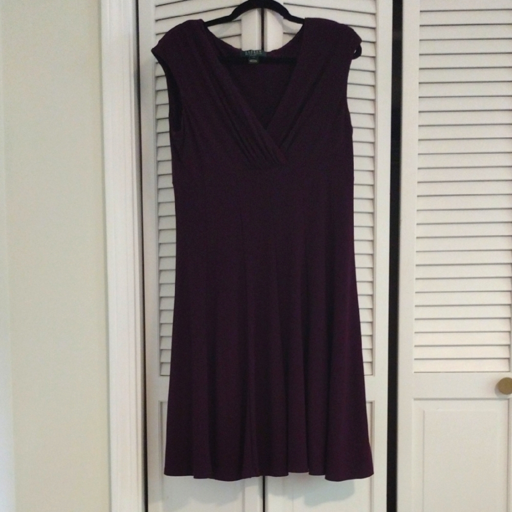 Ralph Lauren Plum Sleeveless V-Neck A-Line Midi Dress